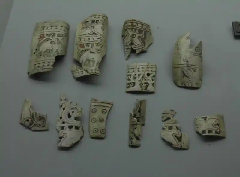 Solar dot, deer, bird, horns and other inscription